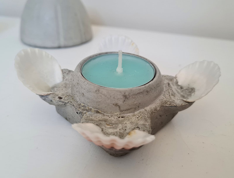  Photo of Concrete Candle Holder - Small square candle holder with shells